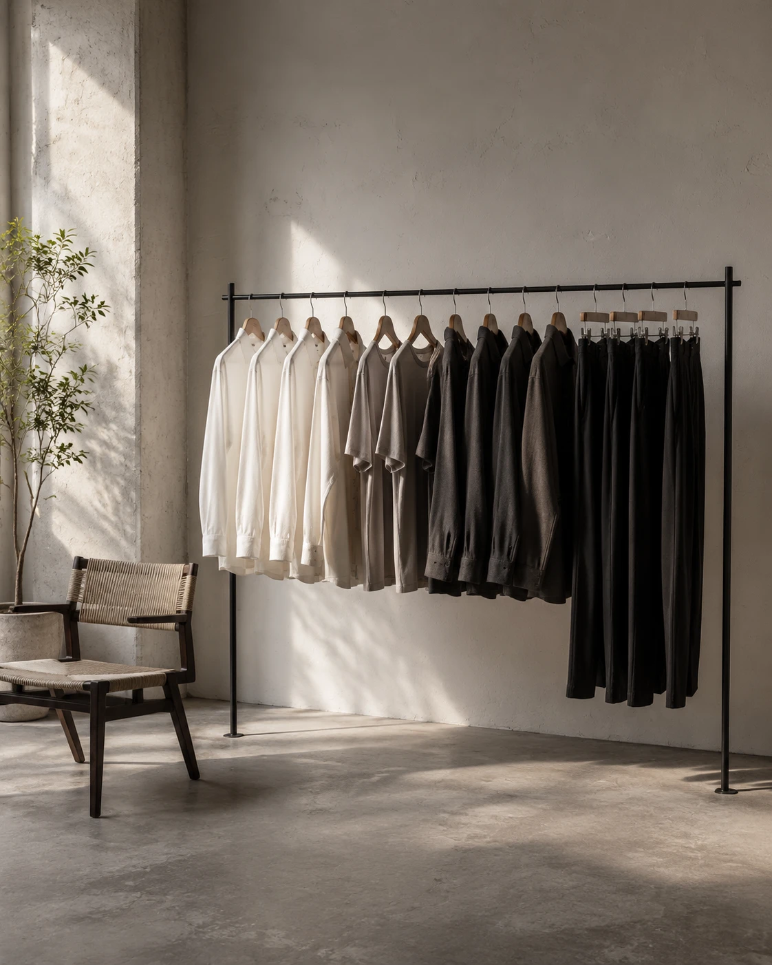 Curated rail of neutral menswear in a sunlit industrial studio