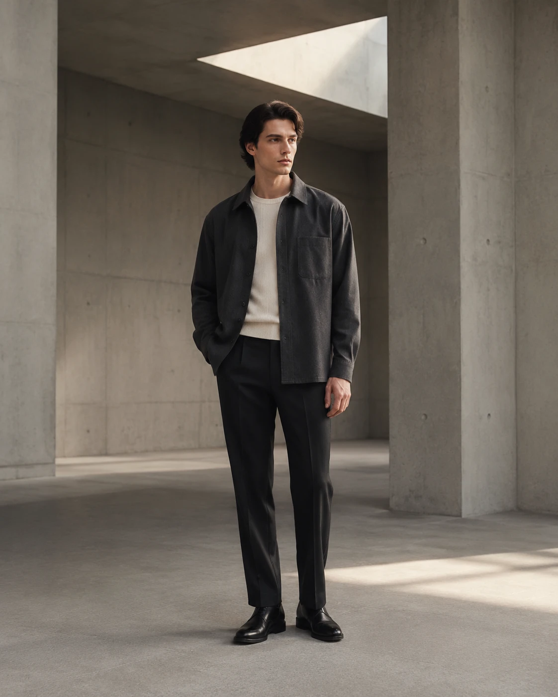 Male model wearing a charcoal overshirt in a concrete architectural interior