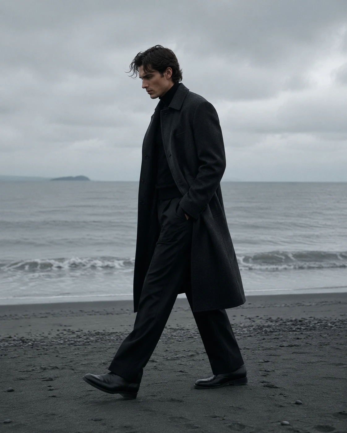 Male model in a charcoal overcoat walking along a windswept shoreline